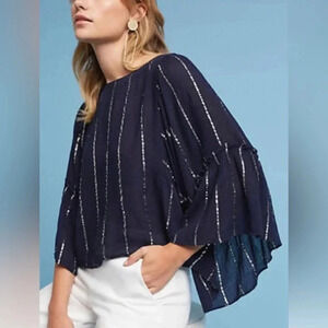Floreat‎ | Anthropologie navy blue w/silver stripes blouse bell sleeves XS